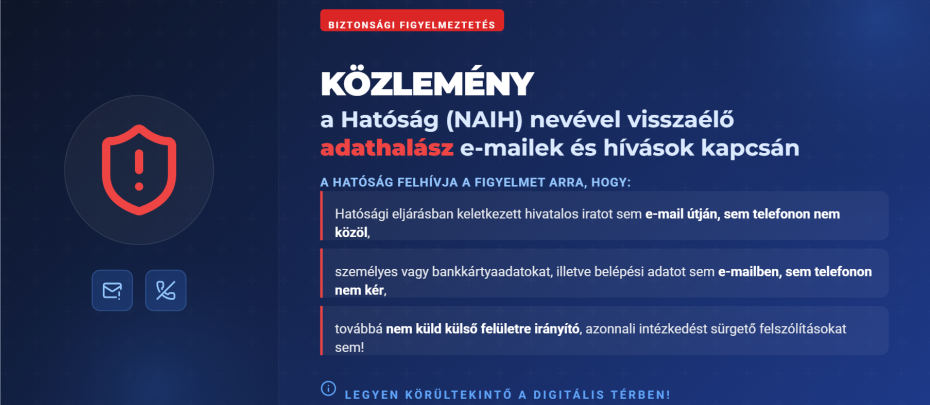 Kép az adathalász tevékenységre figyelmet felhívó közleményről